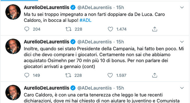 De Laurentiis attacca Caldoro: «Io e De Luca amici dal '94. Alle elezioni hai già perso»
