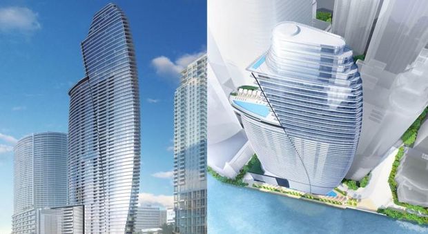 Due rendering del lussuoso residence Aston Martin in costruzione a Miami