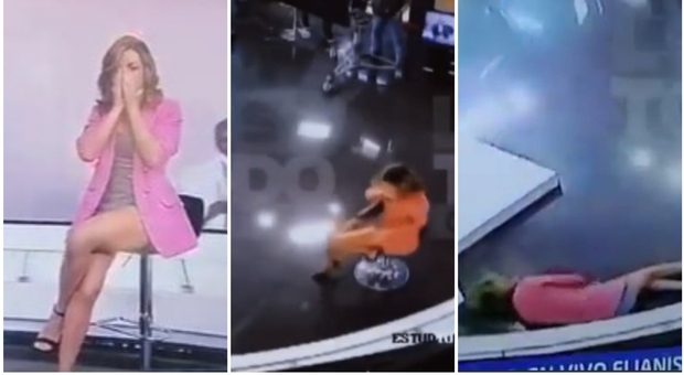 Malore in diretta tv, conduttrice crolla a terra dopo essersi messa le mani sul viso: panico in studio
