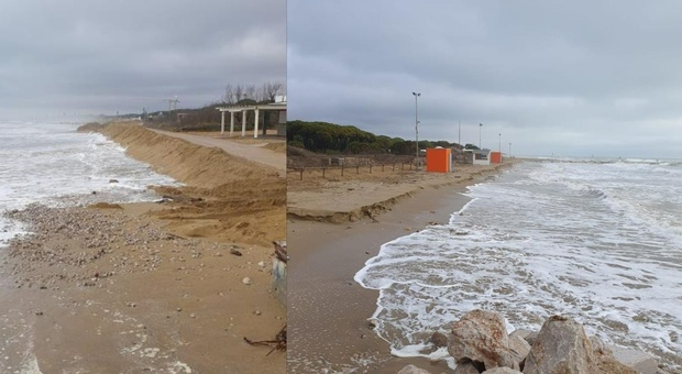 Alta marea e vento di scirocco, spiaggia flagellata dall'erosione: spunta il gradino da mezzo metro