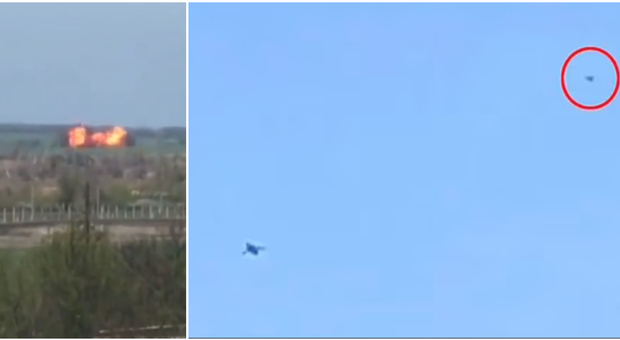 Jet russo colpito dagli ucraini esplode in una palla di fuoco: i piloti si lanciano e vengono filmati