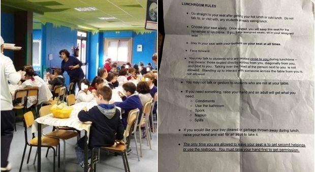 Le regole del pranzo in una scuola elementare: «Non alzarti durante il pasto. Faccia avanti. Parla solo con chi è vicino a te»