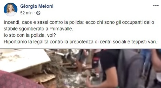 Giorgia Meloni, sgombero a Primavalle: «Riportiamo la legalità contro la prepotenza di centri sociali»