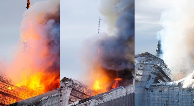 Copenaghen, in fiamme l'edificio della Borsa: crollata la celebre guglia alta oltre 50 metri. Opere d'arte a rischio