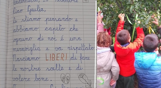 Omicidio Cecchettin, lettere e un albero con «parole gentili» per ricordare Giulia nella scuola elementare di Padernello: «Ora sei un angelo, osservaci da lassù»