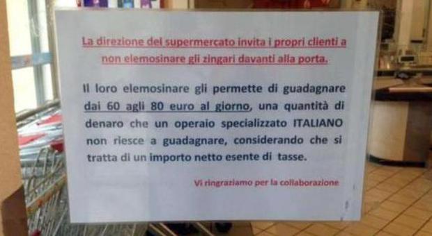 Cartello choc di un supermercato: «Non date soldi ai rom, guadagnano 80 euro al giorno, più di un operaio»