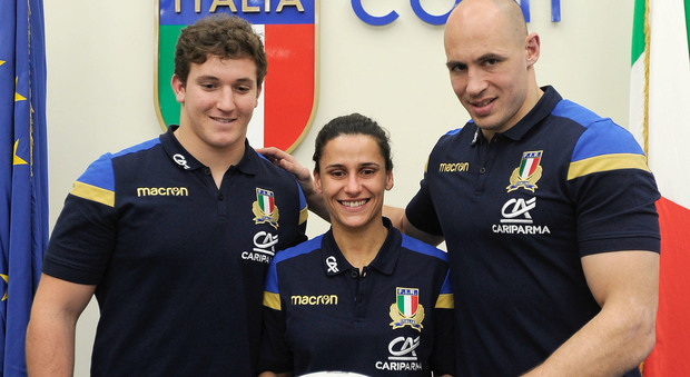 I capitani azzurri: da sinistra, Michele Lamaro (under 20), Sara Barattin e Sergio Parisse