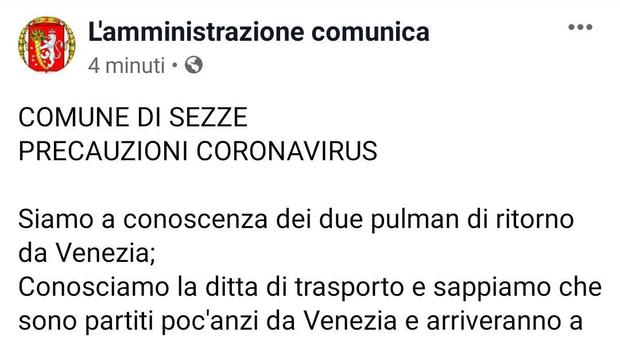 Coronavirus, Comune di Sezze: «Bus di ritorno da Venezia, verifichiamo precauzioni»