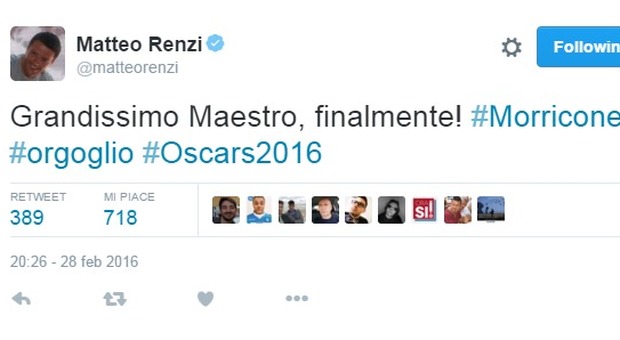 Oscar a Ennio Morricone, Renzi twitta: "Finalmente, grandissmo maestro"