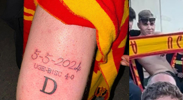 Matteo Russo e il suo tatuaggio realizzato per la promozione dell'Ugento in Serie D