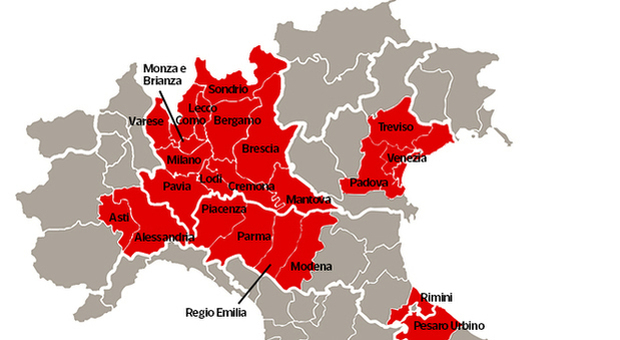 La mappa delle zone rosse per il contagio da coronavirus