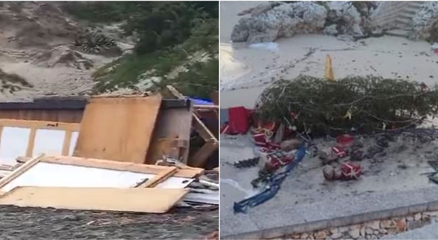 Maltempo in Puglia e danni, la mareggiata distrugge un lido nella baia di Torre dell'Orso. A Monopoli abbattuto l'albero di Natale in spiaggia