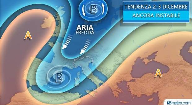 La cartina delle previsioni meteo per il 2 e 3 dicembre, quando il freddo del nord punta l'Europa