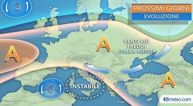 La cartina delle previsioni di 3bmeteo.com evidenzia l'arrivo di aria fredda dalla Russia
