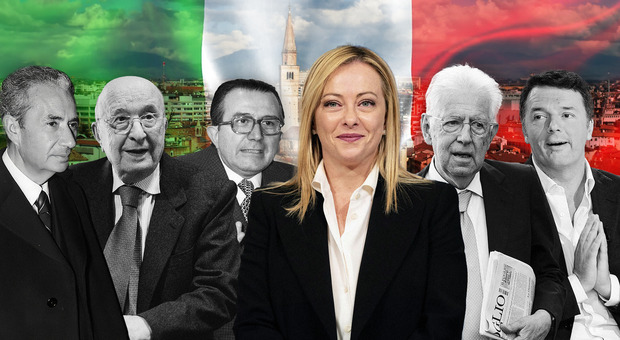 Da sinistra: Aldo Moro, Ciriaco De Mita, Giulio Andreotti, Giorgia Meloni, Mario Monti, Matteo Renzi