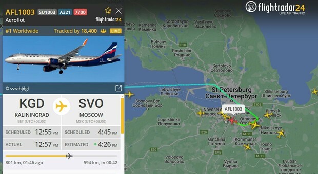 Volo da Kaliningrad verso Mosca lancia un codice Squawk d'emergenza: ipotesi perdita di pressurizzazione, dirottato a San Pietroburgo
