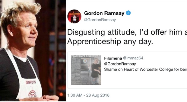 Gordon Ramsay offre un lavoro al 18enne escluso dal corso di cucina perché affetto da nanismo: «Un atteggiamento disgustoso»