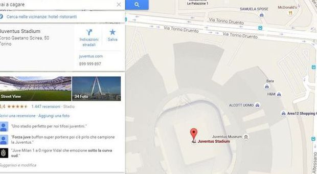 Lo sfottò è su Google Maps: scrivendo "Vai a c....." si vede lo Juventus Stadium