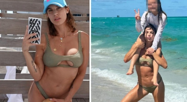 Elisabetta Canalis, il bikini tra le onde con la figlia Skyler sulle spalle scatena il commento di Elettra Lamborghini: «Che cocchi»