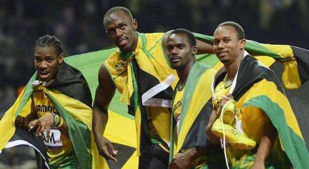 Da sinistra i giamaicani Yohan Blake, Usain Bolt, Nesta Carter and Michael Frater