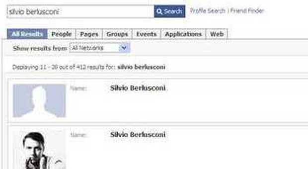 La pagina di ricerca del profilo "Sivio Berlusconi" su Facebook
