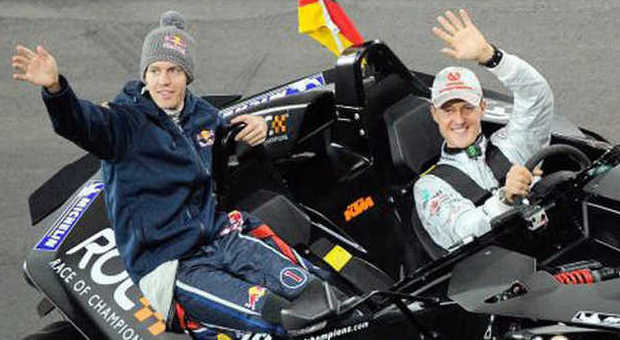Micahel Schumacher con Sebastian Vettel durante una delle numerose vittorie alla Corsa dei Campioni