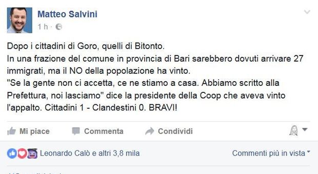 Dopo Goro, Bitonto dice no ai migranti. E Salvini esulta