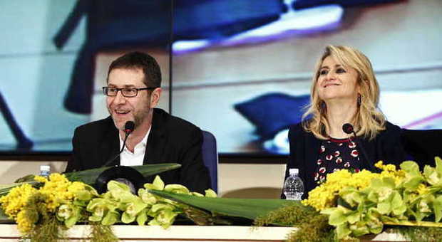 Fabio Fazio e Luciana Littizzetto a una conferenza stampa di Sanremo 2014