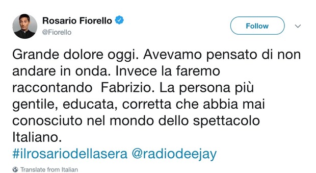 Morto Frizzi, Fiorello: " La persona più gentile, educata, corretta che abbia mai conosciuto nel mondo dello spettacolo"