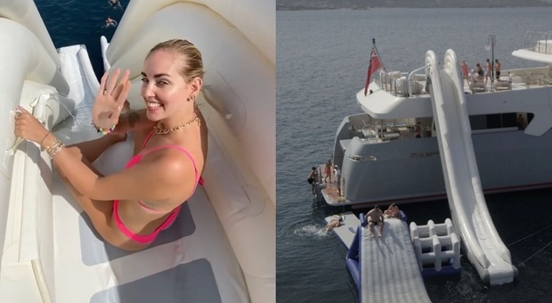 Chiara Ferragni sul mega yacht di Riccardo Silva con super scivolo e campo da basket. Fan increduli: «Leone fa l'idromassaggio»