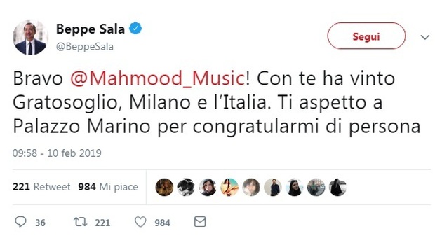 Beppe Sala si congratula con Mahmood: «Bravo, con te ha vinto Milano»