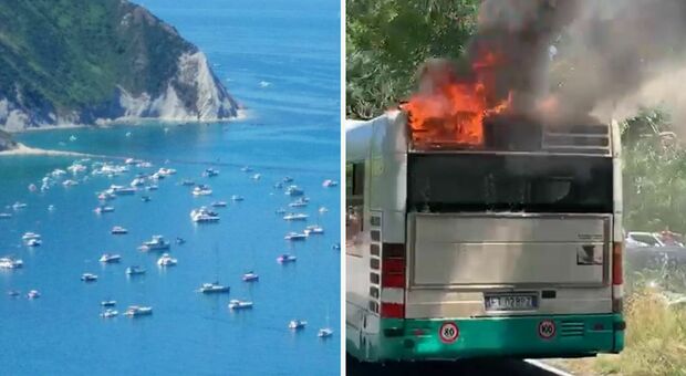 Baia, (solito) delirio di auto e barche: al parcheggio in alto prende fuoco un bus