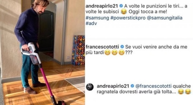 Pirlo usa l'aspirapolvere e Totti su Instagram scherza: «Vieni a pulire anche da me?»