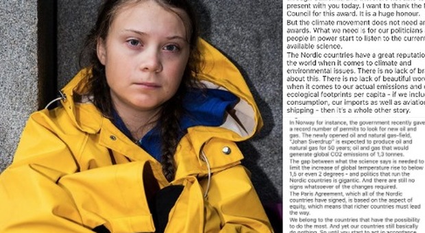 Greta Thunberg rifiuta 46mila euro per meriti ambientalisti: «Al clima i premi non servono»