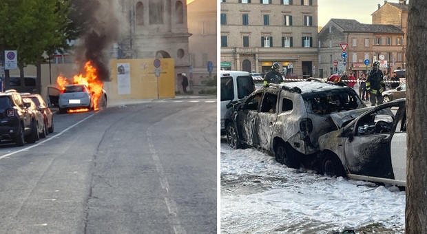 Macerata, tampona un'auto in sosta e scatena l'incendio: donna all'ospedale, mezzi distrutti