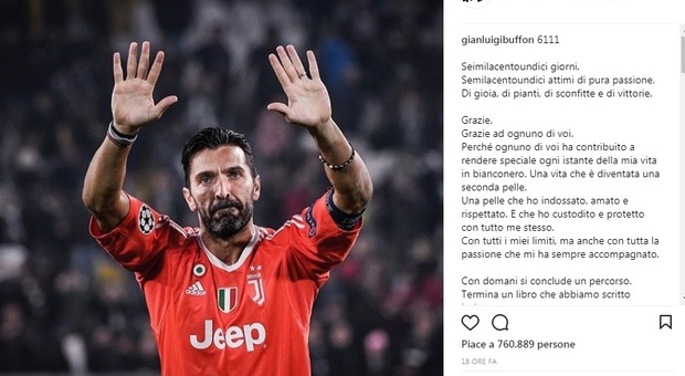 Buffon, l'addio ai tifosi su Instagram: «Juventus, sarò sempre tuo»