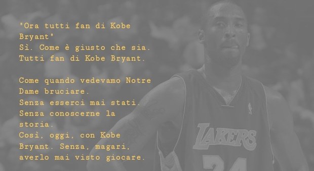 La prima parte di un post su Instagram: "Kobe Bryant patrimonio dell'umanità"