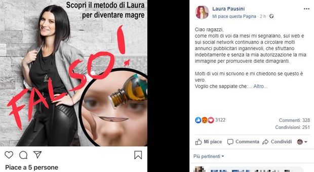 Laura Pausini, la pubblicità è fake: «Non fidatevi e fate attenzione a chi sfrutta le vostre debolezze»