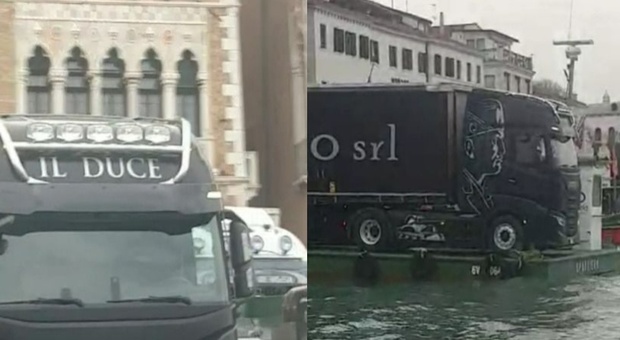 Venezia, camion con il volto del duce appare in bacino San Marco. Scoppia la polemica: «Uno sfregio alla città»