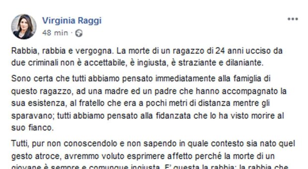 Omicidio Luca Sacchi, la sindaca Raggi: «Rabbia e vergogna, non è accettabile che succeda una cosa del genere»