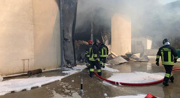 Mercatino, incendio nel capannone: nube di fumo, i pompieri usano la schiuma