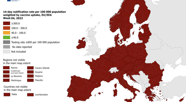 Omicron, mappa Ecdc: tutta l'Europa è in rosso scuro, il massimo livello di contagi e rischio Covid