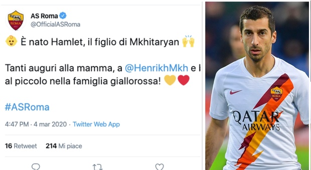 Mkhitaryan diventa papà, è nato il piccolo Hamlet. Il tweet della Roma