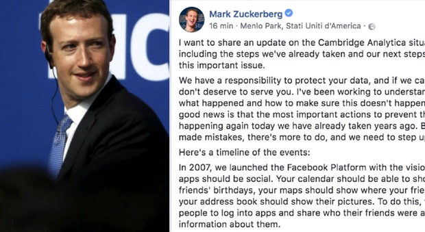 Facebook, Zuckerberg rompe il silenzio sul Datagate: "Sono responsabile di quanto successo"