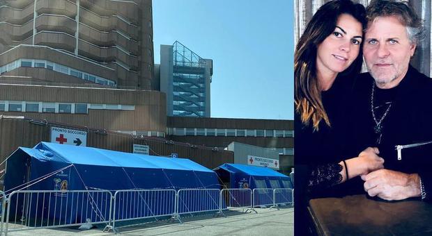 Arianna Alessi con Renzo Rosso e l'ospedale San Bassiano attrezzato con le tende per il pre triage