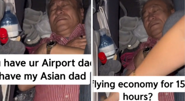 Uomo dorme per terra in aereo. La figlia: «Volare in Economy per 15 ore? Nessun problema». Il video è virale