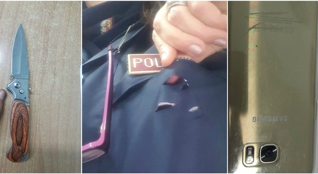 Poliziotta accoltellata al cuore da un clochard, salva grazie allo smartphone