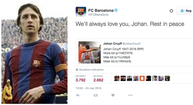 Morto Cruijff, l'addio di Barça e Ajax: "Ti ameremo per sempre"
