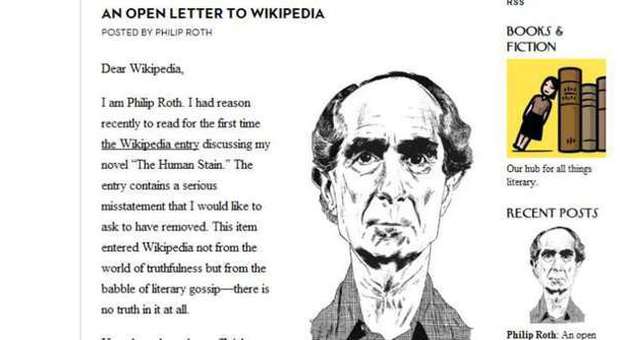 La lettera aperta di Philip Roth a Wikipedia sul New Yorker