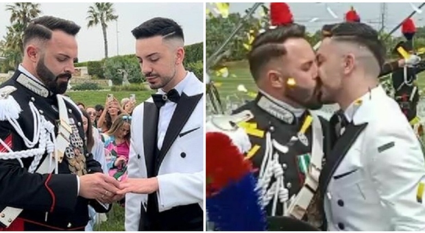 Matrimonio gay, carabiniere sposa il compagno in alta uniforme: il picchetto d'onore per Angelo e Giuseppe